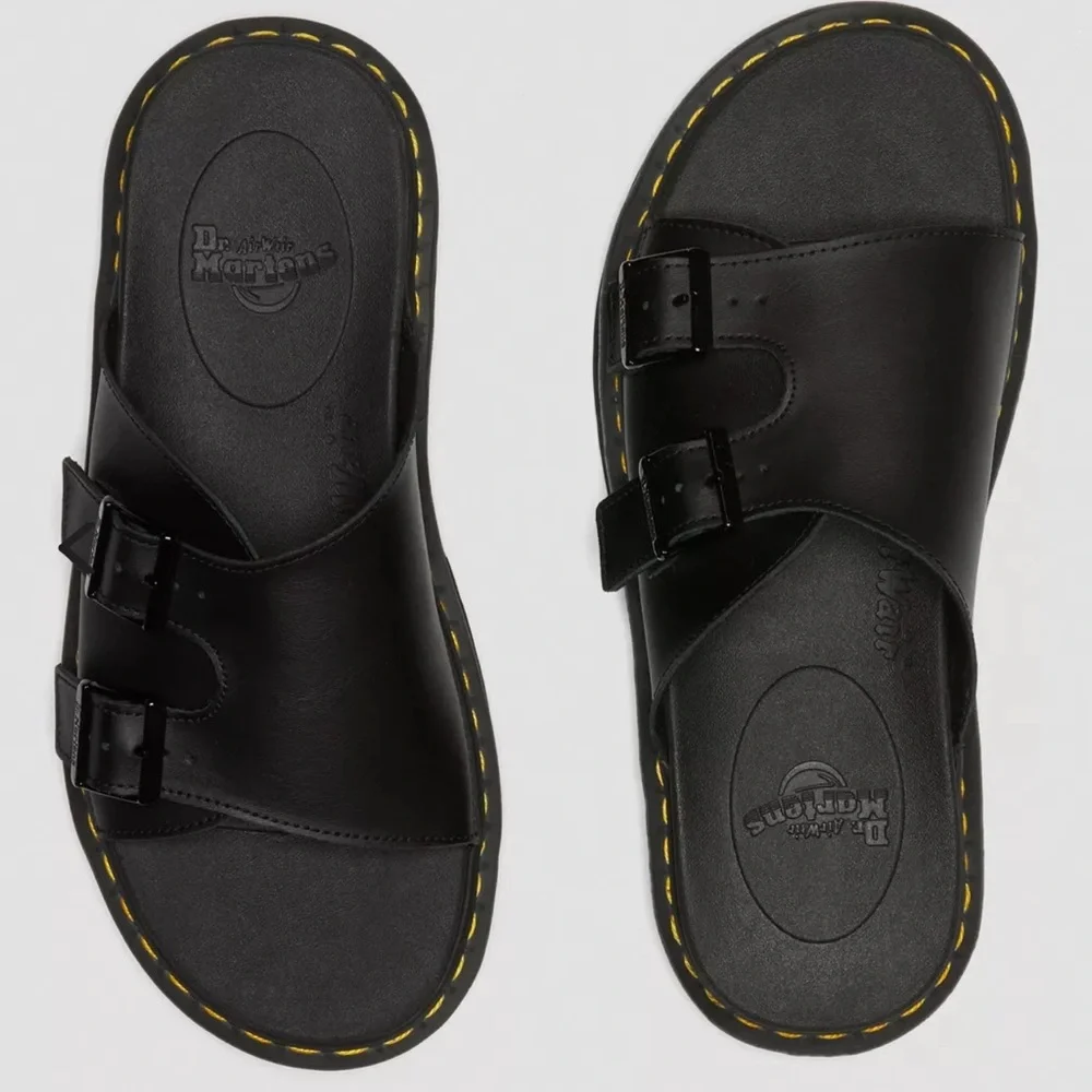 Dr. Martens Dax Black Leather Dual-Buckle Slide Sandal with Yellow Stitching - Picture 2 of 3